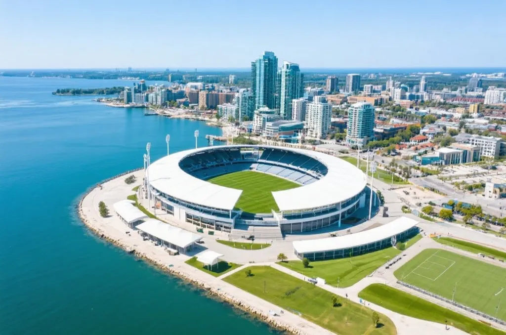 Aerial view of a beautiful waterfront city with a modern open-air sports stadium, daytime, clean aesthetic